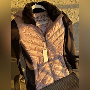 Calvin Klein jacket for women. Beautiful blush pink with hood and faux fur.